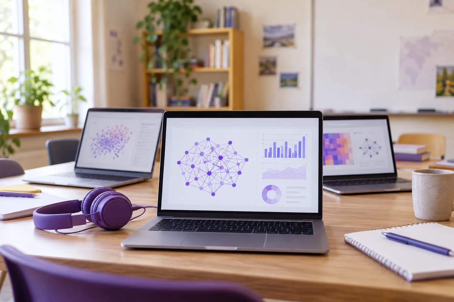 Laptops displaying AI visualizations in a shared learning space