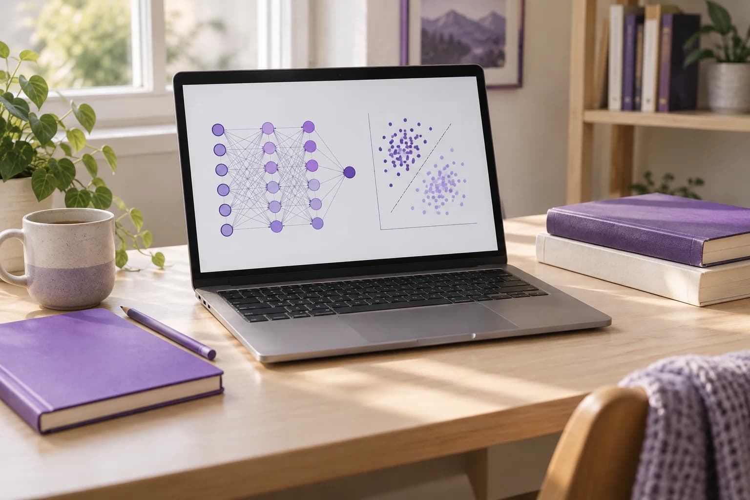 A laptop displaying AI learning diagrams beside books and a purple notebook