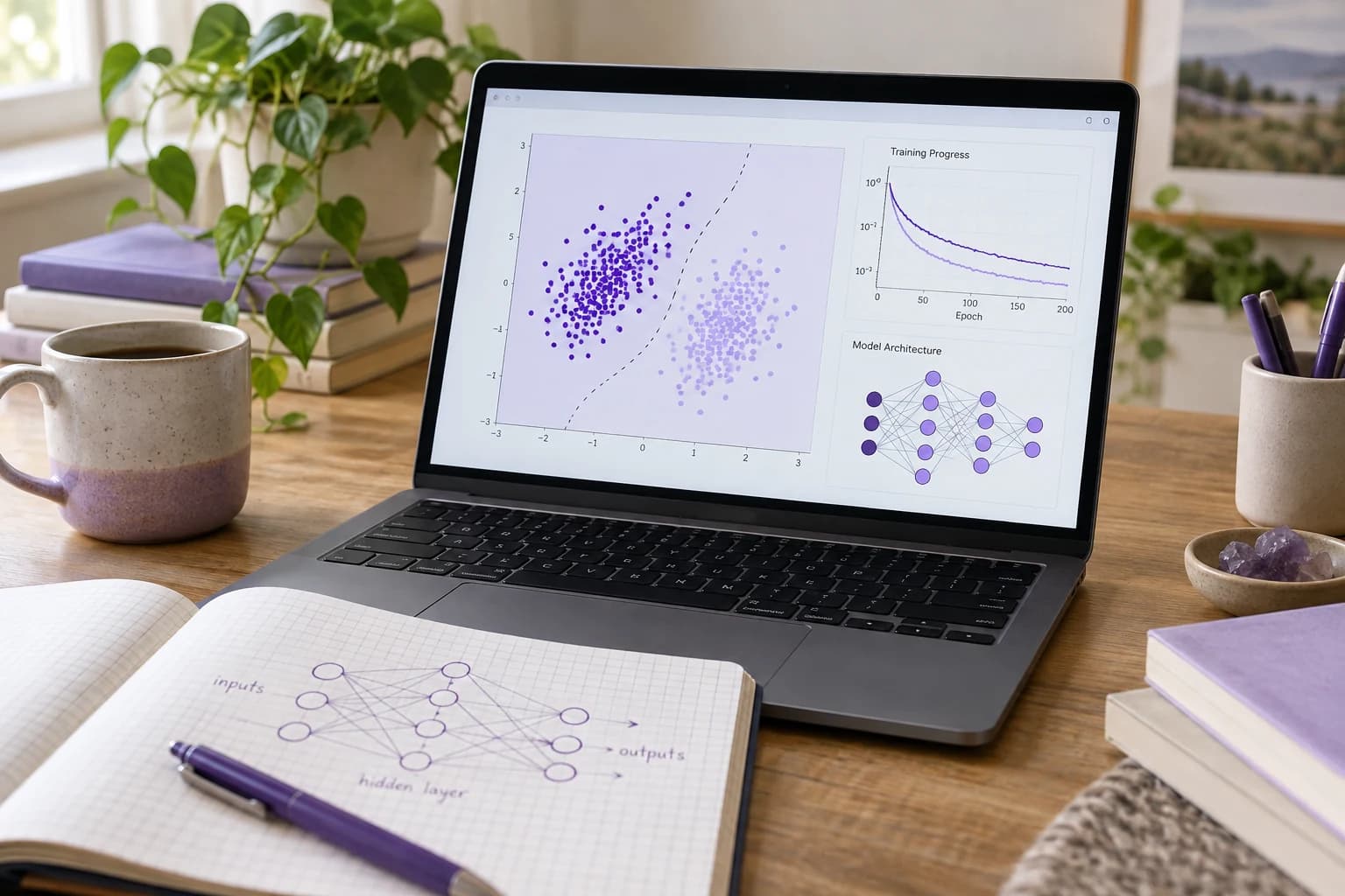 A laptop displaying machine learning charts beside a notebook with a neural network sketch